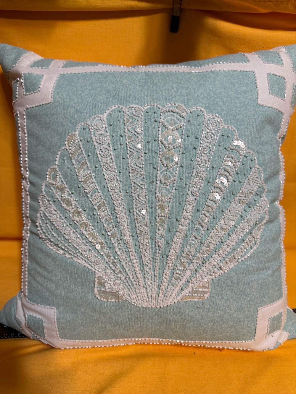 Seashell Embroidered w/beads Decorative Throw Pillow - light teal